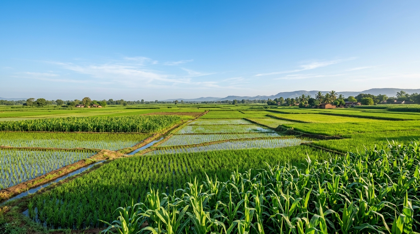 Expansive green agricultural fields under clear sky