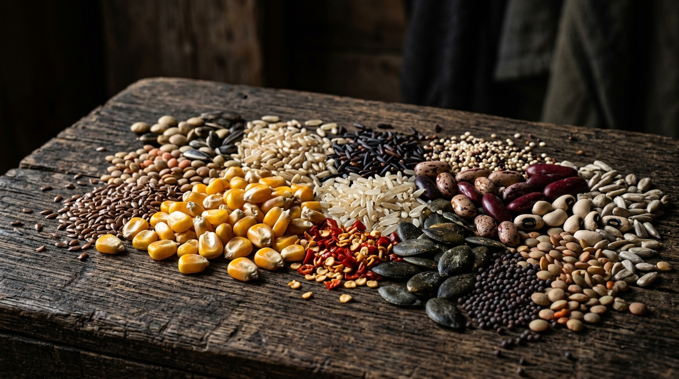 Rich variety of grains, pulses and crop seeds on dark rustic wood